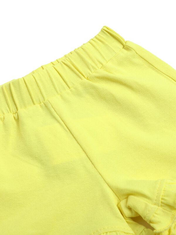 Girls White & Yellow Printed T-Shirt with Short Pants image number 5